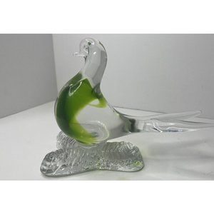 Clear blown glass murano dove green on branch. 6.5 inches